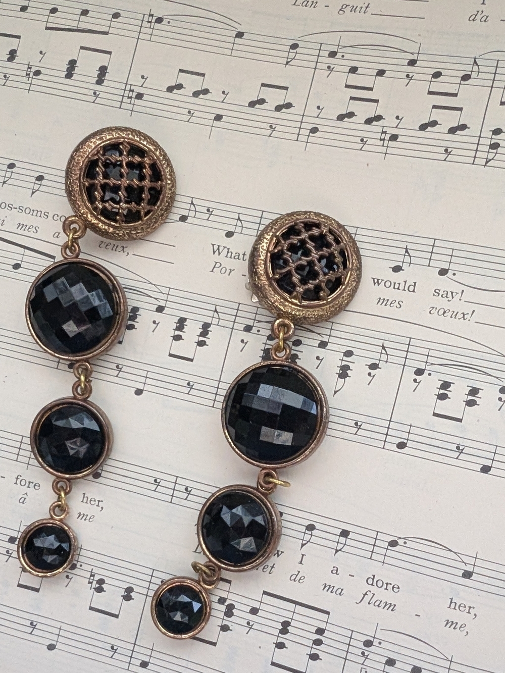 Vintage Black Faceted Drop Earrings in Antique Gold Clip Ons